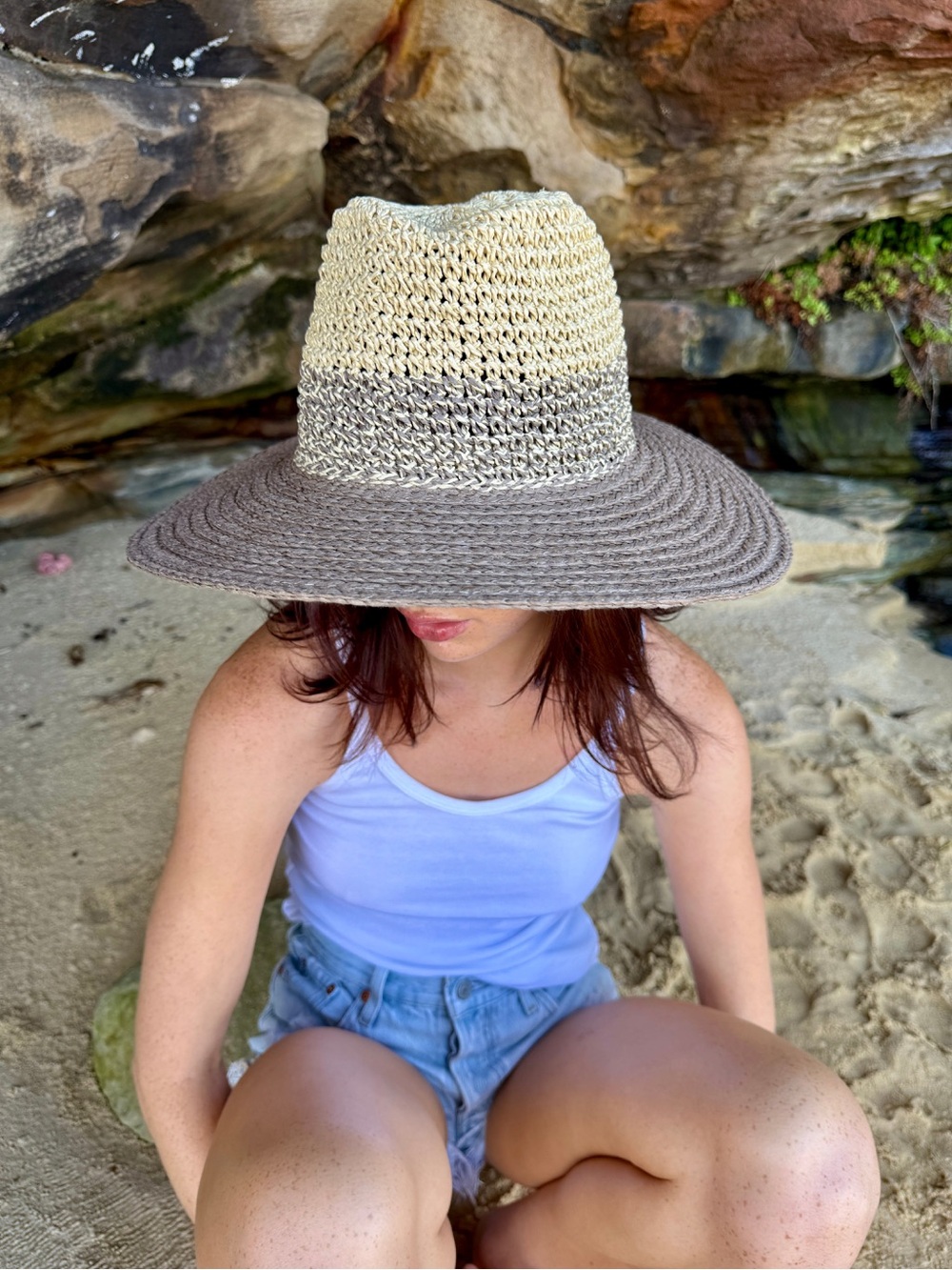 Wide Brim Two-Tone Straw Sun Hat - Neutral Brown and Cream